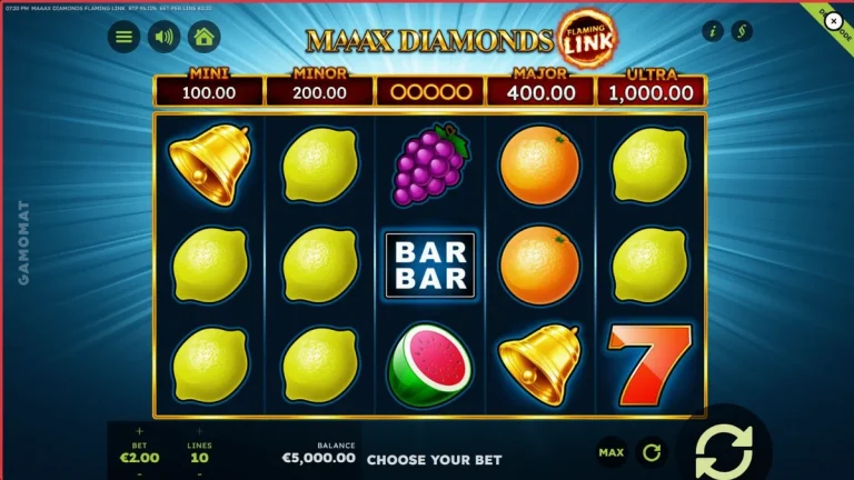 Tampilan visual slot Maaax Diamonds Flaming Link dengan simbol buah dan berlian api yang menyala.