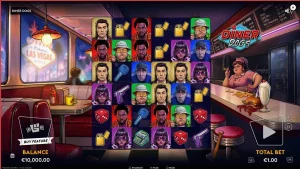 Tampilan visual slot Diner Dogs dengan nuansa retro noir dan elemen perampokan.