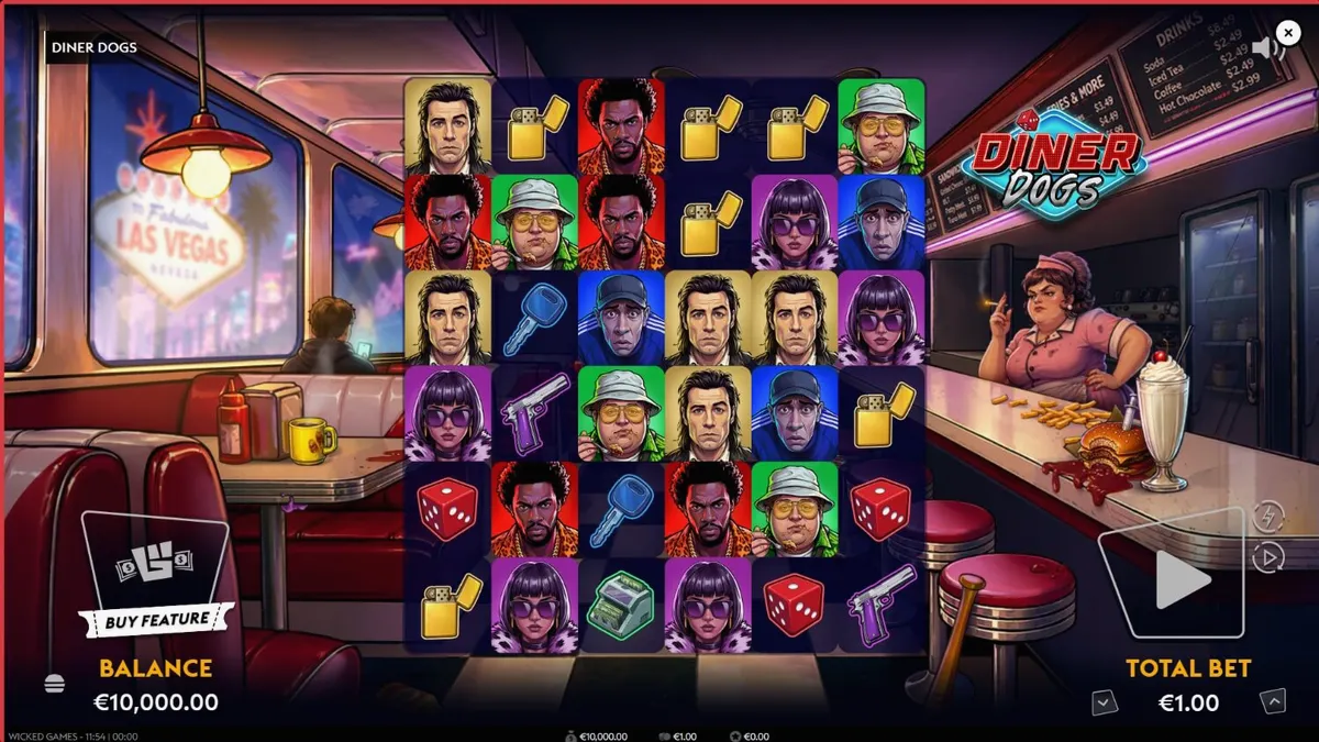 Tampilan visual slot Diner Dogs dengan nuansa retro noir dan elemen perampokan.