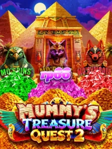 Tampilan visual slot Mummy’s Treasure Quest 2 dengan latar belakang piramida Mesir.