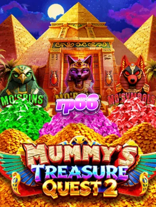 Tampilan visual slot Mummy’s Treasure Quest 2 dengan latar belakang piramida Mesir.